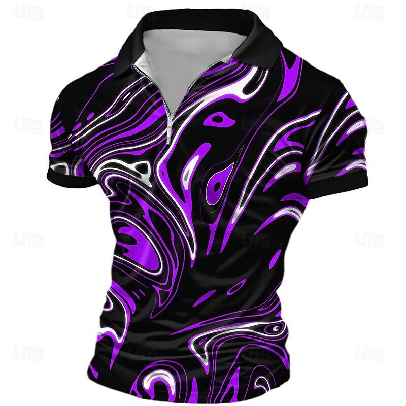 Men's Graphic Zip Polo Shirts Golf Shirt Short Sleeve Polo Shirts Collared Shirts Vacation Wear Rave Wear Party Outfits 3D Print Quarter Zip Polo Summer Spring Purple