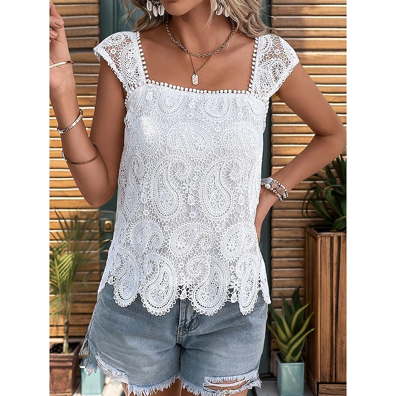 Women's Camisole Tank Top White Plain Lace Street Daily Fashion Square Neck Regular Fit S4