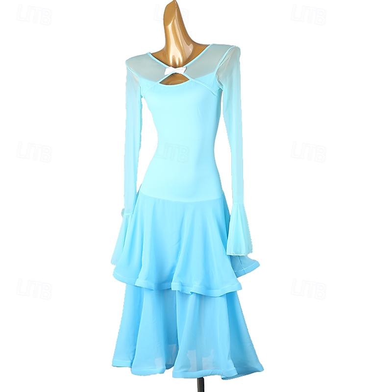 Ballroom Dance Dress Splicing Women's Performance Party Long Sleeve Chiffon Chinlon Mesh2