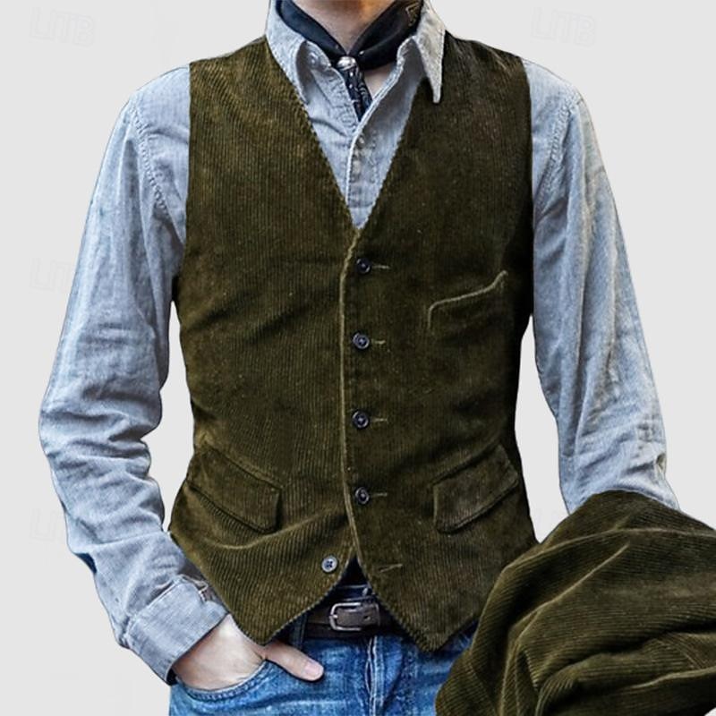 Men's Vest Gilet Vacation Daily Vintage Fashion Spring &  Fall Buttons Decorative pockets Polyester Corduroy Comfortable Plain Single Breasted One-button V Neck Regular Fit Black Blue Brown Army Green2