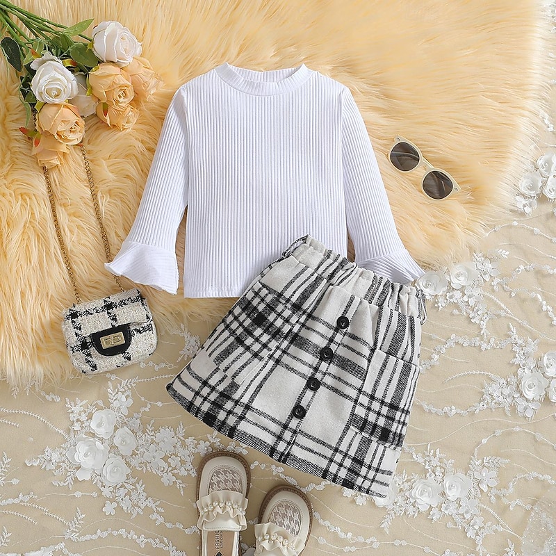 Girls' 3D Solid Color Plaid T-shirt & Skirt Long Sleeve Summer Cute Casual Toddler 4 years+ Crew Neck Outdoor Vacation Loose Fit