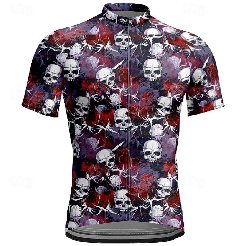 Men's Cycling Jersey Skull Short Sleeve Bike Tee Tshirt Jersey Top with 3 Rear Pockets Mountain Bike MTB Quick Dry Breathable Sports Red Clothing Apparel