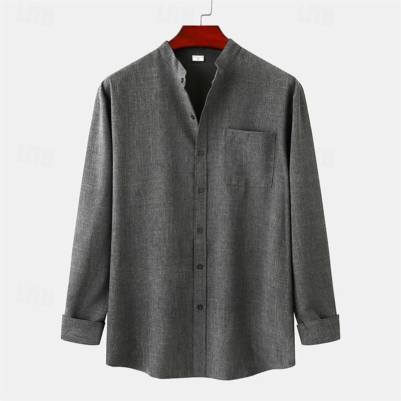 Men's Shirt Linen Shirt Chinese Collar Shirt Mandarin Collar Shirt Casual Shirt Button Up Shirt Plain Vacation Hawaiian Red Dark Green Khaki Long Sleeve Grandad Collar Spring &  Fall Clothing Apparel