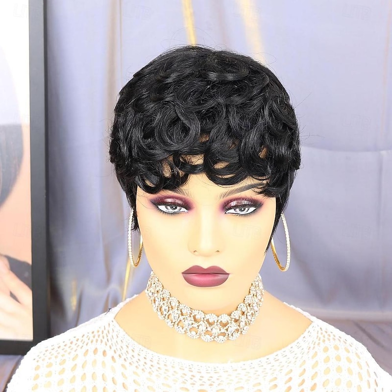 Human Hair Wig Short Curly Pixie Cut Natural Black Adjustable Natural Hairline For Black Women Machine Made Capless Brazilian Hair Women's Natural Black #1B 6 inch Daily Wear Party & Evening2