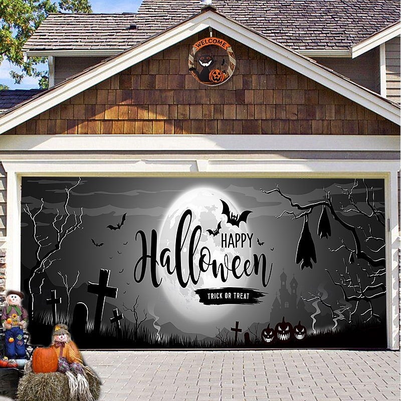 Halloween Door Decorations Halloween Garage Door Cover Pumpkins Jack O Lantern Outdoor Banner Ghost Bats Large Backdrop Decoration for Holiday Out door Decorations Door Home Wall Decorations 6