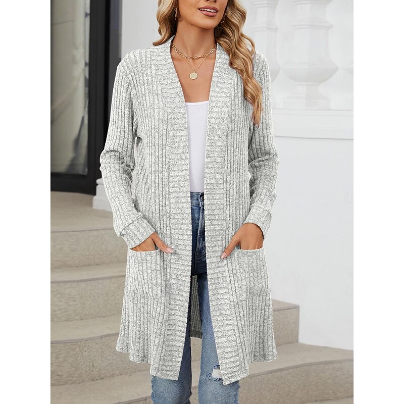 Women's Cardigan Open Front Knit Pocket Spring Fall Regular Daily Daily Long Sleeve Solid Color