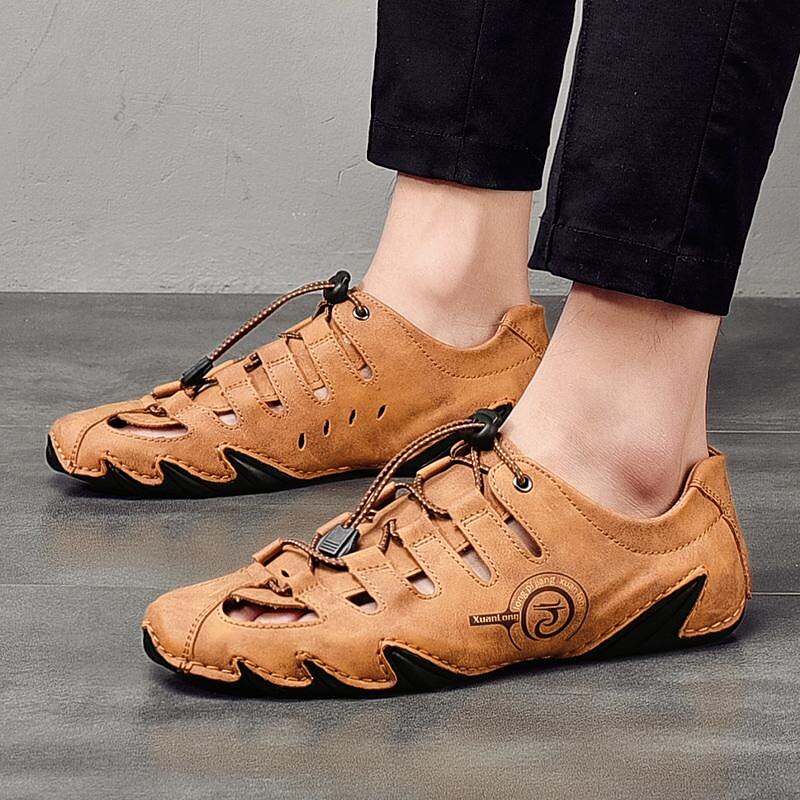 Men's Brown Leather Outdoor Sandals with Secure Lace-Up Design - Perfect for Hiking and Casual Wear3