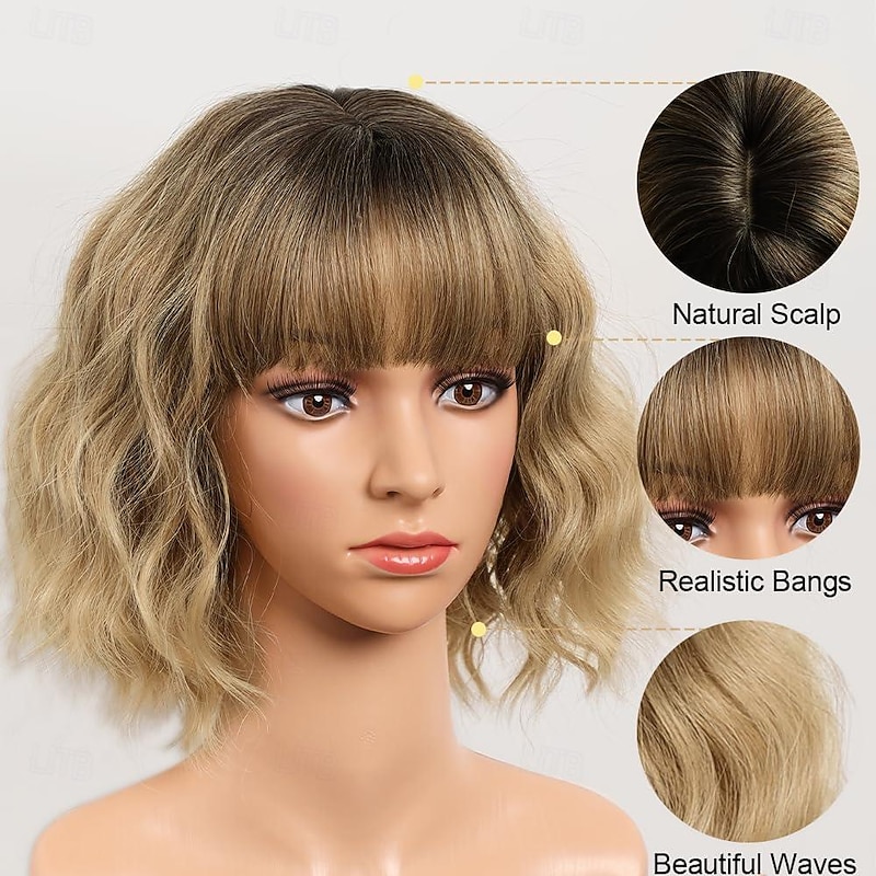 Ombre Blonde Wigs With Bangs Short Wavy Bob Wig for Women Synthetic Ombre Blonde Short Curly Wave Wigs Heat Resistant Fiber Hair Wigs for Daily Halloween Wigs2