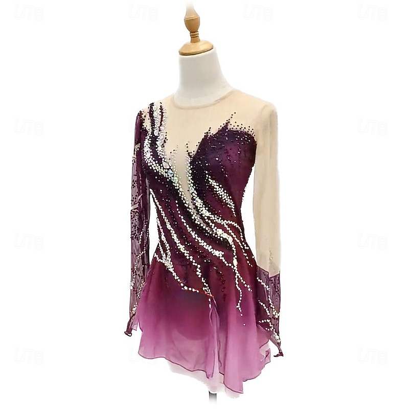 Figure Skating Dress Women's Girls' Ice Skating Dress Burgundy Dark Green Patchwork Thumbhole Mesh High Elasticity Training Competition Skating Wear Classic Long Sleeve Ice Skating Figure Skating3