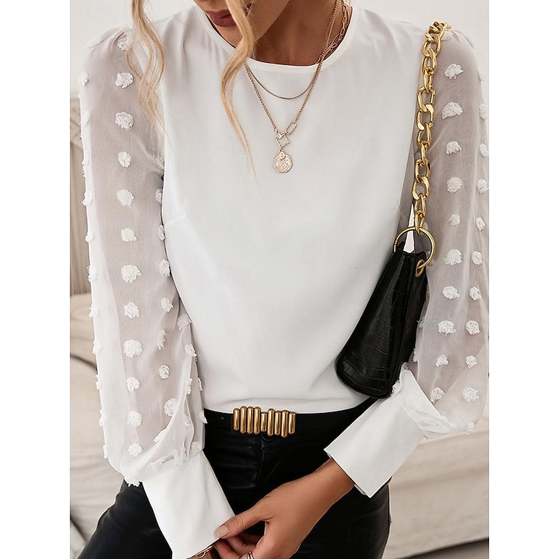 Women's Blouse Chiffon Elegant Modern Solid Color Patchwork Bishop Sleeve Long Sleeve Crew Neck Work Daily Black White Navy Blue Summer Spring Fall