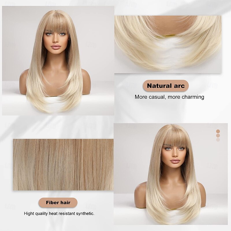 Long Ombre Blonde Wigs for Women Straight Synthetic Layered Wig with Bangs Halloween Cosplay Party Wigs4