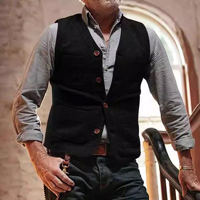 Men's Vest Gilet Wedding Event / Party Daily Fashion Business Spring &  Fall Button Pocket Polyester Comfortable Plain Single Breasted One-button V Neck Regular Fit Black Light Grey Vest3