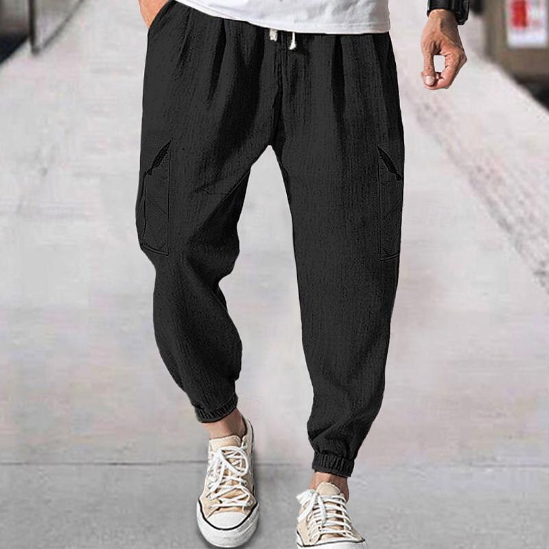 Men's Linen Pants Cargo Joggers Trousers Summer Pants Beach Pants Drawstring Elastic Waist Multi Pocket Plain Comfort Breathable Casual Daily Holiday Fashion Classic Style Black White2