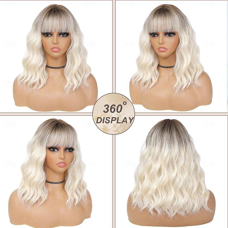 Ombre Blonde Wig with Bangs for Women 14 Inch Shoulder Length Short Bob Wavy Curly Wig Platinum Blonde Wig Heat Resistant Synthetic Wigs Halloween Wigs2