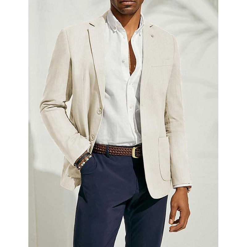 Men's Blazer Jacket Sport Coat Notch Collar Fashion Casual Solid Colored Linen Blazer Dark Blue Beige Light Blue Tailored Fit Single Breasted Two-buttons