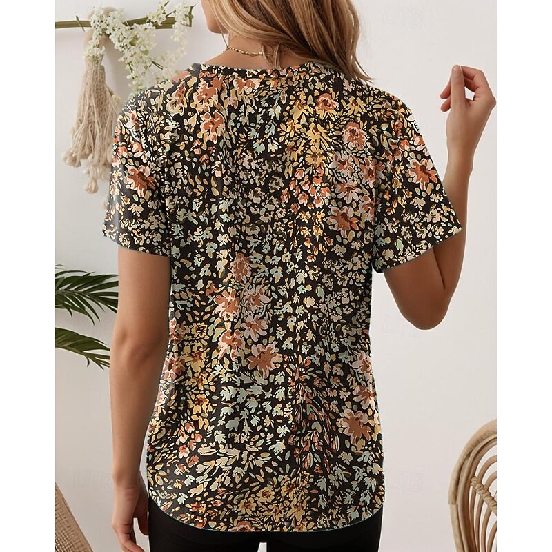 Women's T Shirt Floral Stylish Casual Short Sleeve Crew Neck Regular Tops Daily Print Khaki Summer2