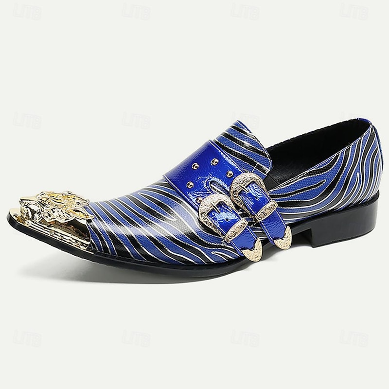 Men's Blue Striped Monk Strap Shoes - Premium Cowhide Leather with Double Buckle and Metal Toe Cap2