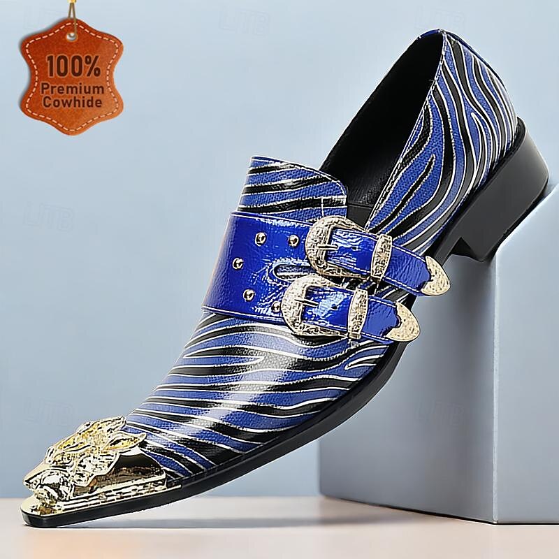 Men's Blue Striped Monk Strap Shoes - Premium Cowhide Leather with Double Buckle and Metal Toe Cap