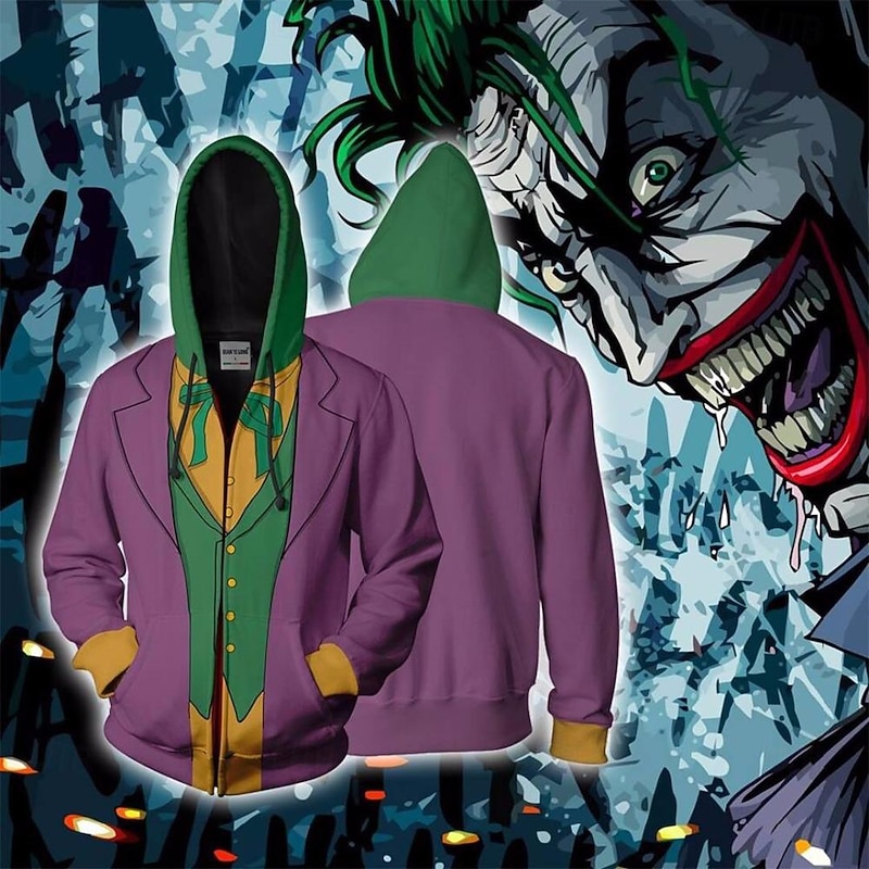 Joker Joker Outerwear Zip-Up Hoodie Anime 3D Front Pocket Graphic Kangaroo Pocket For Couple's Men's Women's Adults' Halloween Carnival Masquerade 3D Print Casual Daily