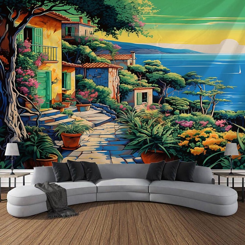Nature Mediterranean Village Hanging Tapestry Wall Art Large Tapestry Mural Decor Photograph Backdrop Blanket Curtain Home Bedroom Living Room Decoration3