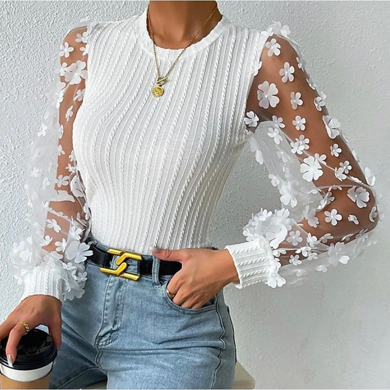 Women's Blouse Chiffon Stylish Modern Solid Color Mesh Patchwork Lantern Sleeve Long Sleeve Crew Neck Work Black White Blue Summer Spring Fall2