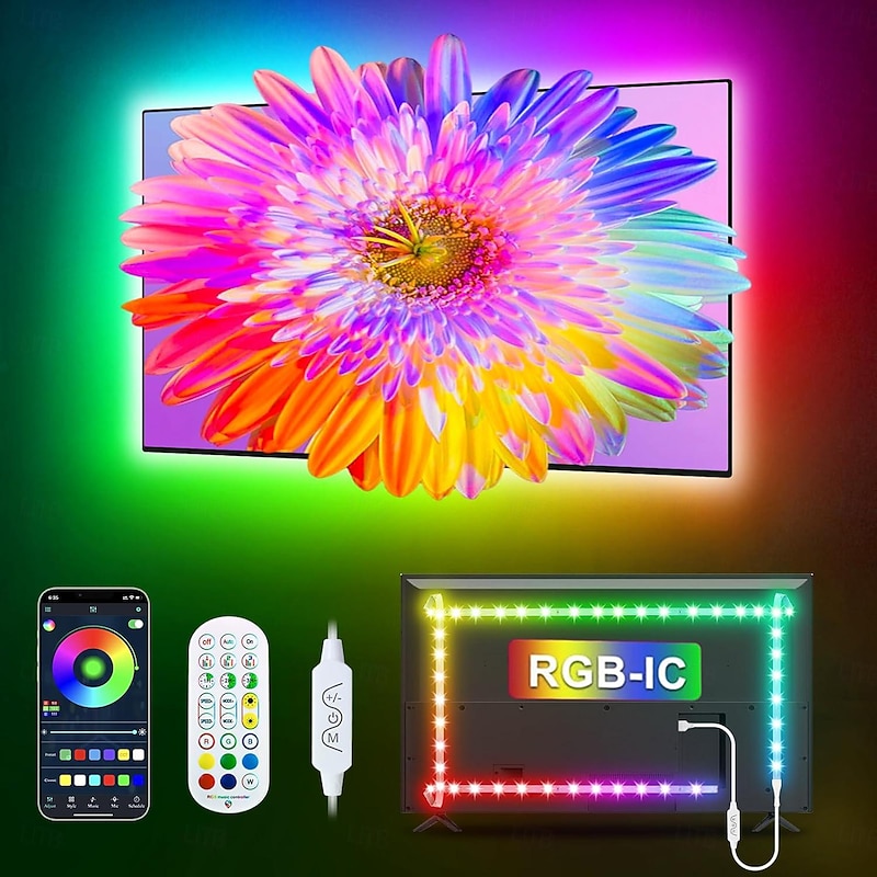 TV LED Backlight Strip RGBIC Programmable Music Synchronization Timing Bluetooth APP Control 2.4G Control 1-5M TV/Monitor Backlight Indoor or Outdoor Activities Festival Decoration USB 5050 Light Strip