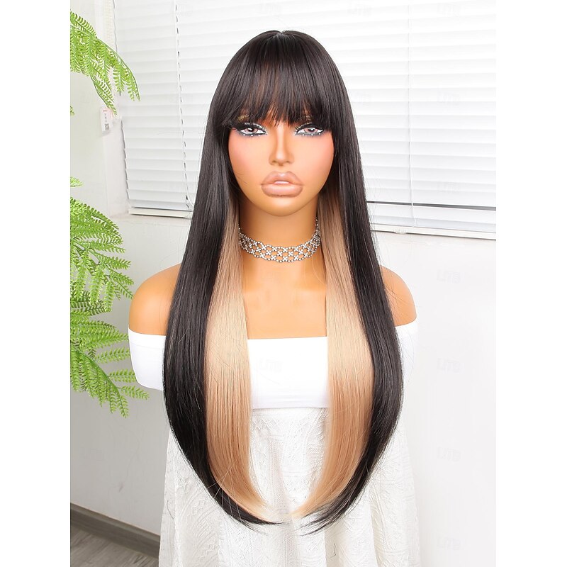 Synthetic Wig Yaki Straight Neat Bang Wig 24 inch Black / Gold Synthetic Hair Women Black / Blonde2