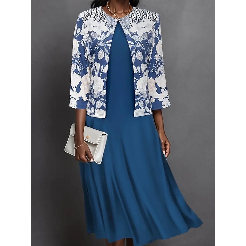 Women's Mini Dress Elegant Skirt Sets Skirt 3/4 Length Sleeve Crew Neck Floral Print Wedding Guest Daily Blue Summer Loose Fit