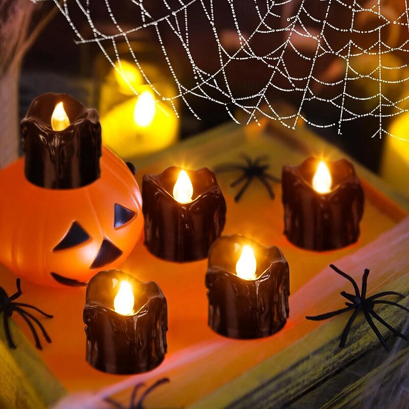 12pcs Black LED Tea Lights Halloween Night Lights Candle Lights Outdoor Indoor Garden Halloween Decor Halloween Electric Candles Battery Powered Halloween Lanterns Holiday Party Decorations3