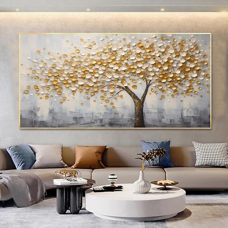 Large 3D Golden Tree Canvas Oil Painting handmade Autumn Nature Landscape painting handmade  Wall Art Botanical Knife Painting Light Luxury for Living Room Decor4