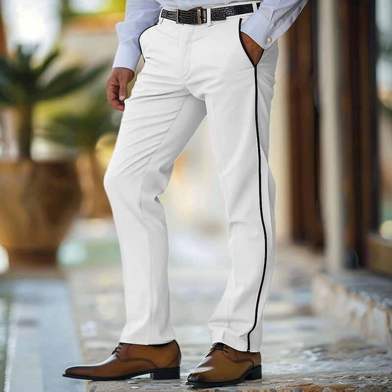 Men's Trousers Chinos Casual Pants Patchwork Front Pocket Solid Color Comfort Full Length Business Daily Holiday Fashion Chic & Modern White Khaki Stretchy