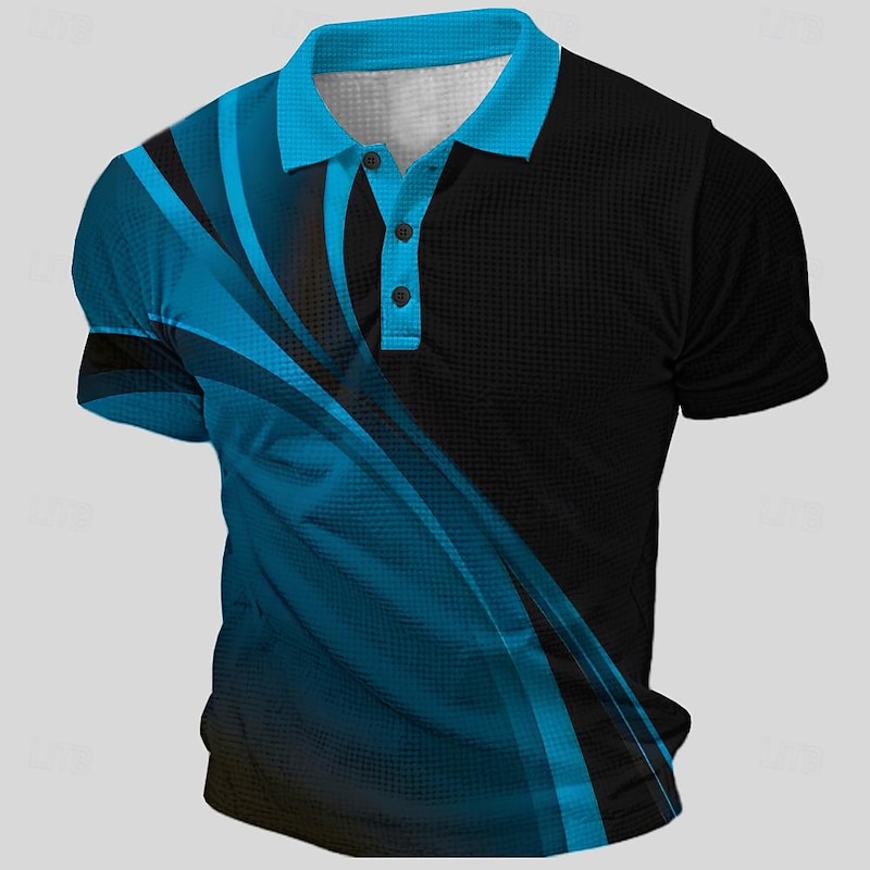 Men's Geometric Waffle Polo Shirts Golf Shirt Short Sleeve Polo Shirts Collared Shirts Vacation Wear Formal Wear Festival Wear Buttons 3D Print Summer Spring Blue