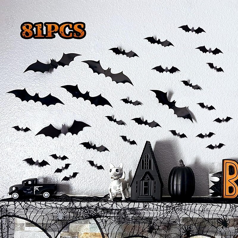 Halloween Bats Decoration-Halloween Bat Wall Decor-Halloween Party Indoor Outdoor Decorations Scary,81 Pcs Reusable PVC 3D Decorative Scary Bat Wall Stickers,Double-Sided Adhesive Included