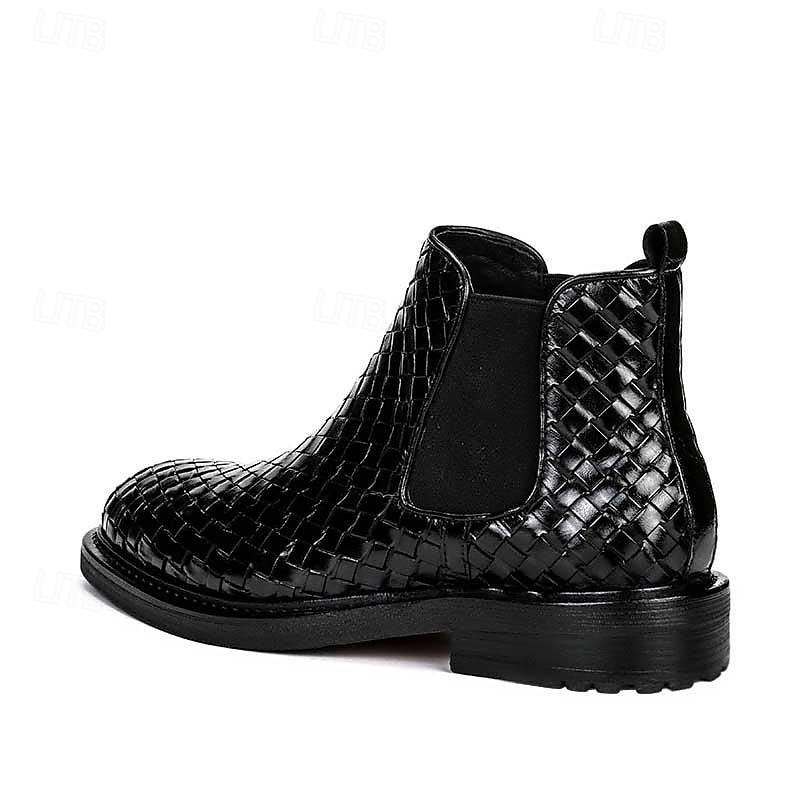 Men's Faux Leather Woven Chelsea Boots - Stylish Black Slip-On Ankle Boots with Elastic Side Panels2