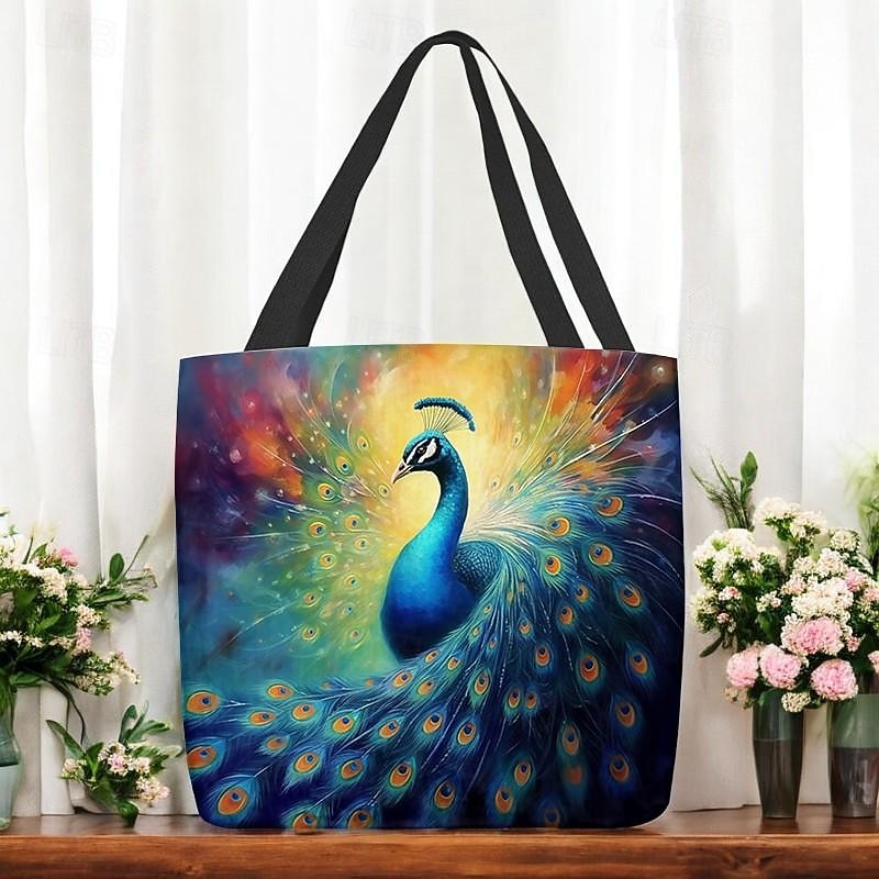 Women's Peacock Print Tote Bag with Colorful Design for Shopping, Beach, and Everyday Use