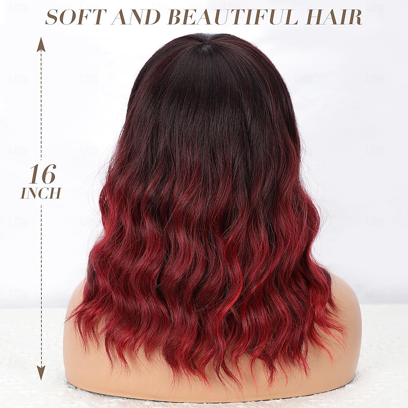 Wig with Bangs for Women Bob Wavy Synthetic Wigs with Natural Shoulder Length Curly Heat Resistant Hair Halloween Cosplay Party Wigs3