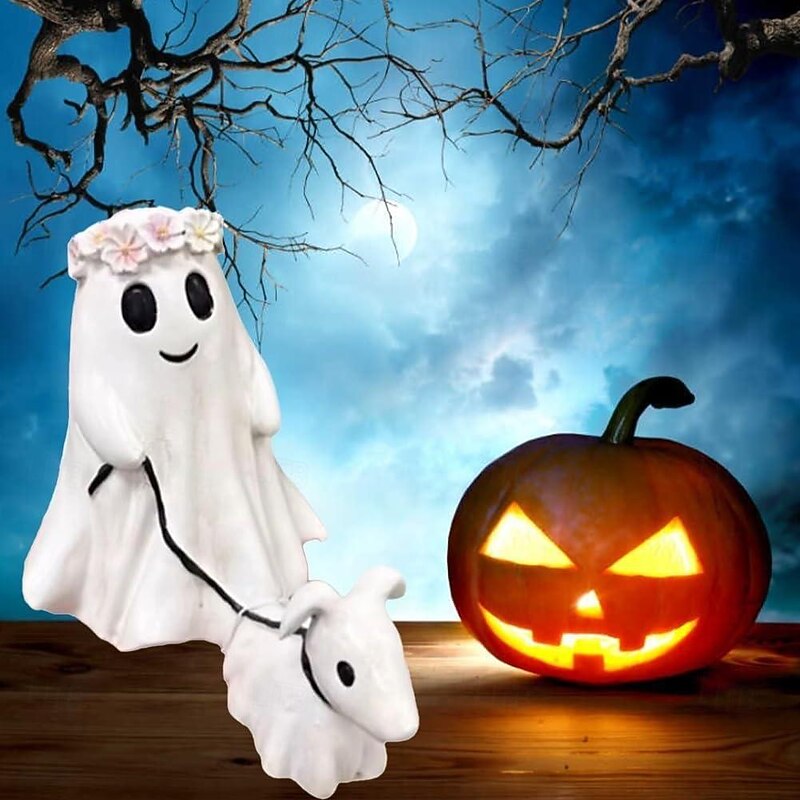 Halloween Ghost Walking Dog Statue Ghost Walking His Ghost Dog Halloween Ghost Dog Statues Spooky Ghost Dog Halloween Figurine Home Tabletop Decorations4