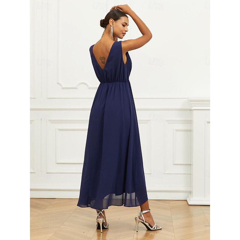 Women's Wedding Guest Cocktail Dress A Line Maxi  Chiffon Ruched Tiered Elegant V Neck Sleeveless dress Navy Blue Color3
