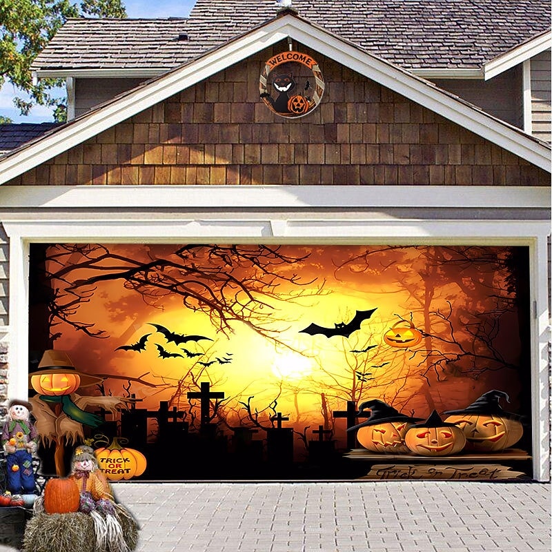 Halloween Door Decorations Halloween Garage Door Cover Pumpkins Jack O Lantern Outdoor Banner Ghost Bats Large Backdrop Decoration for Holiday Out door Decorations Door Home Wall Decorations 7