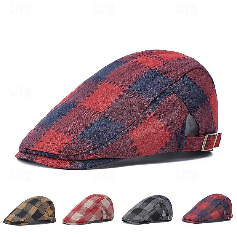 Men's Flat Cap Ascot Hat Newsboy Hat Wine Red Polyester Fashion Casual Street Daily Plaid Adjustable Sunscreen Breathable