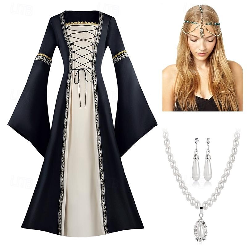 Vintage Inspired Party Costume Masquerade Solid Color Square Neck Fancy Dress Women's Celtic Fantasy Halloween Carnival Casual Daily Party / Cocktail Adults' Dress Earrings Necklace All Seasons