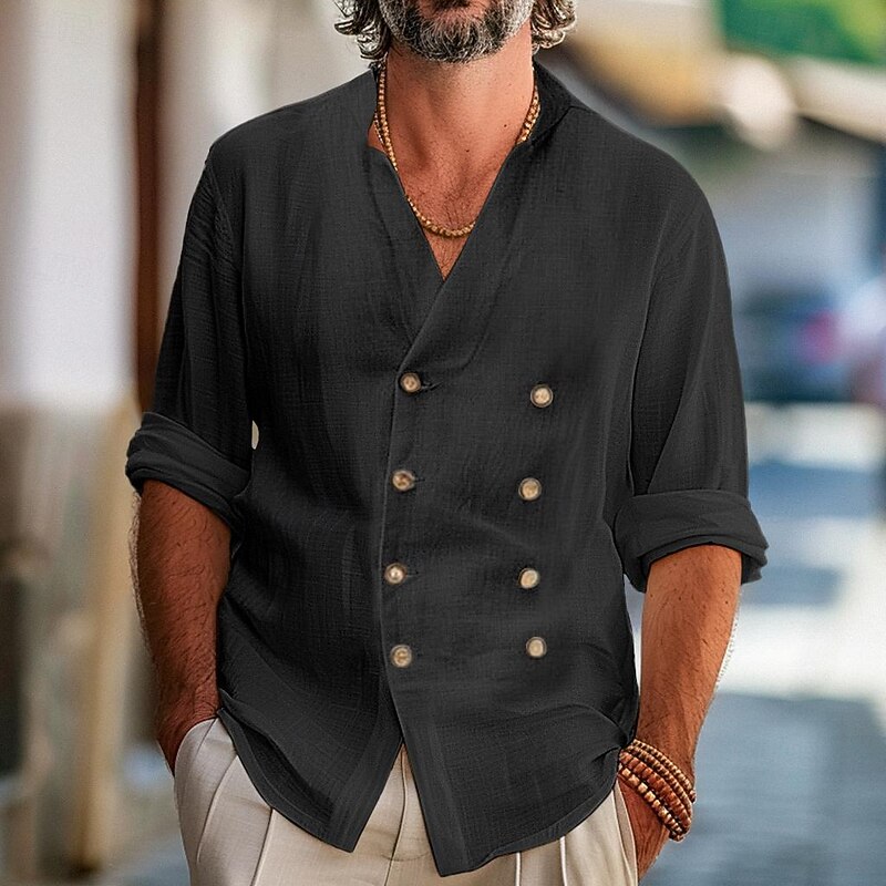 Men's Shirt Linen Shirt Band Collar Shirt Summer Shirt Beach Wear Button Up Shirt Plain Casual Daily Black White Blue Long Sleeve Band Collar Spring & Summer Clothing Apparel Buttons