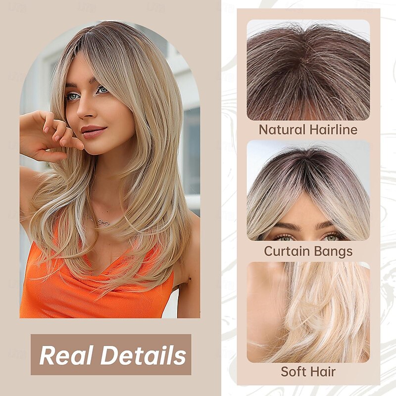 Ombre Blonde Wig for Women Long Straight Layered Wig with Bangs Synthetic Hair with Highlight Halloween Wigs3