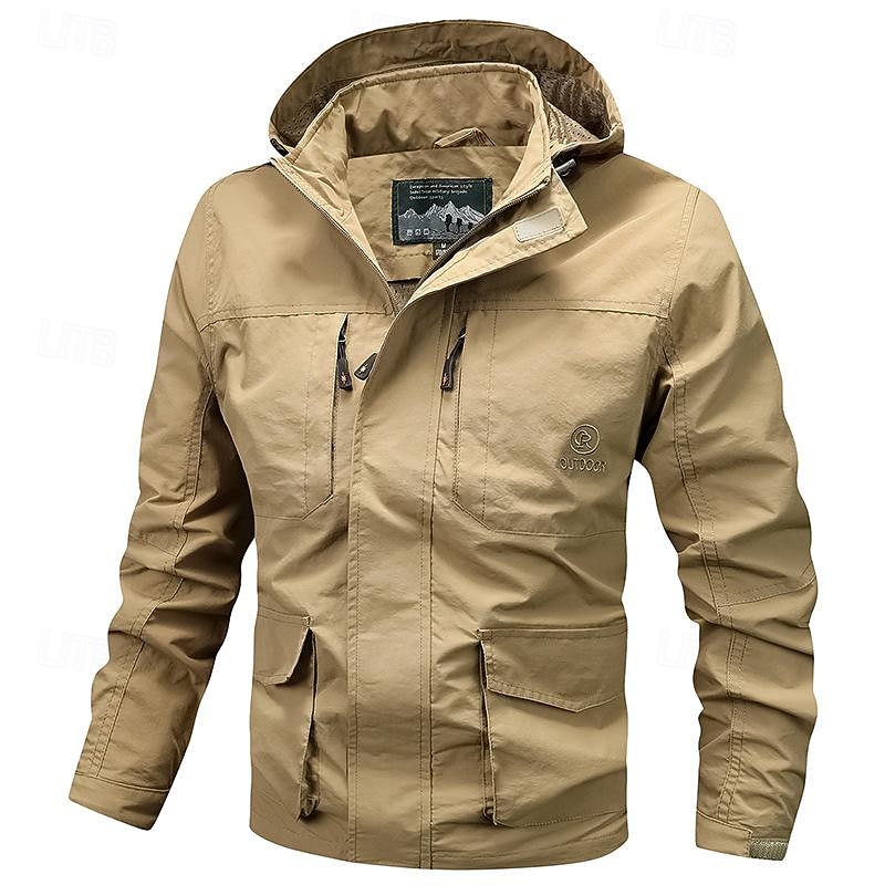 Men's Outdoor Jacket Transition Jacket Hiking Removable Multiple Pockets All Seasons Plain Casual Hooded Regular Black Khaki Dark Blue Gray Jacket4