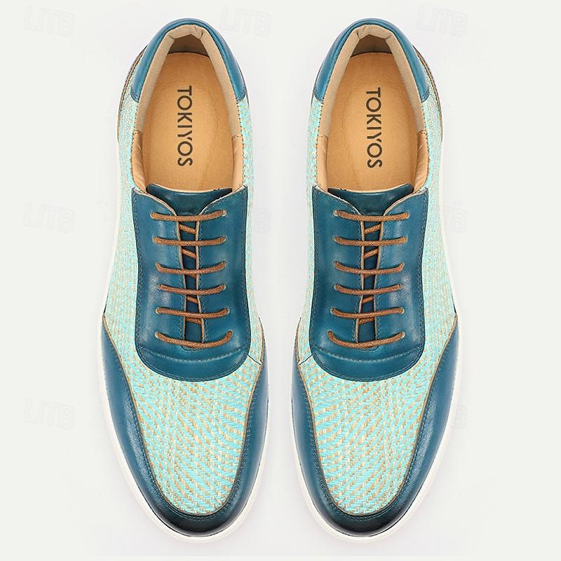 Men's Blue Leather Sneakers with Woven Pattern - Stylish and Comfortable Lace-Up Casual Shoes for Everyday Wear2