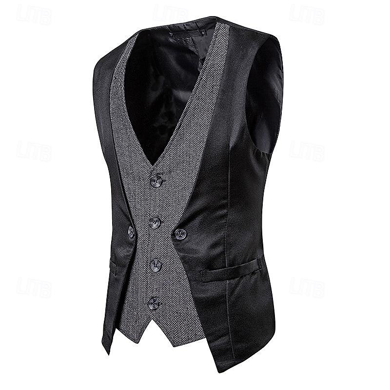 Men's Vest Gilet Wedding Event / Party Daily Fashion Business Spring &  Fall Patchwork Button 2 in 1 Polyester Comfortable Color Block Single Breasted One-button V Neck Regular Fit Black Navy Blue2