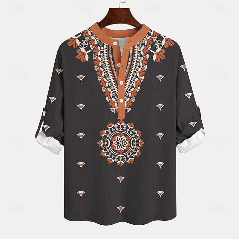 Men's Ethnic Shirt Button Up Shirt Henley Shirt Long Sleeve Vintage Casual Tribal Vacation Daily Beach Summer Winter Spring &  Fall Stand Collar Button Up 3D Print Light Blue Black