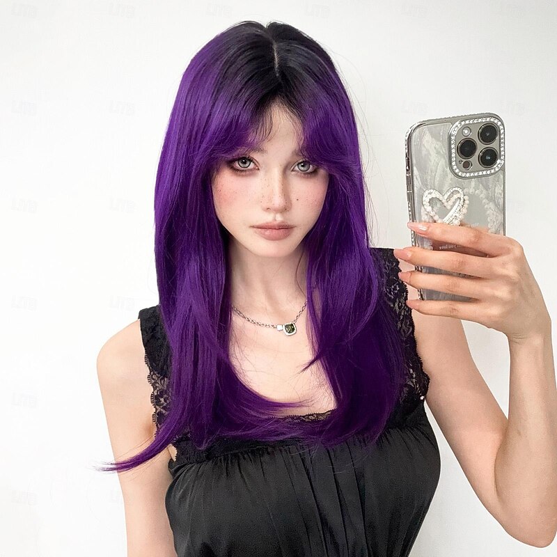 Synthetic Wig Uniforms Career Costumes Princess Straight kinky Straight Middle Part Layered Haircut Machine Made Wig 22 inch Bright Purple Synthetic Hair Women's Cosplay Party Fashion Purple2