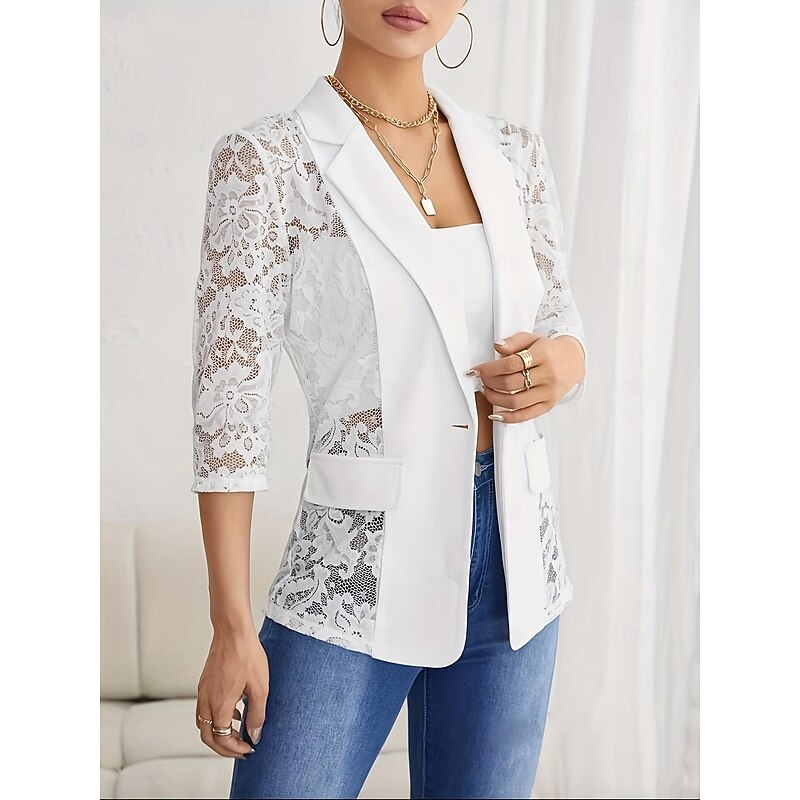 Women's Blazer Formal Lace Plain Breathable Streetwear Regular Fit Outerwear Long Sleeve Spring Black S2