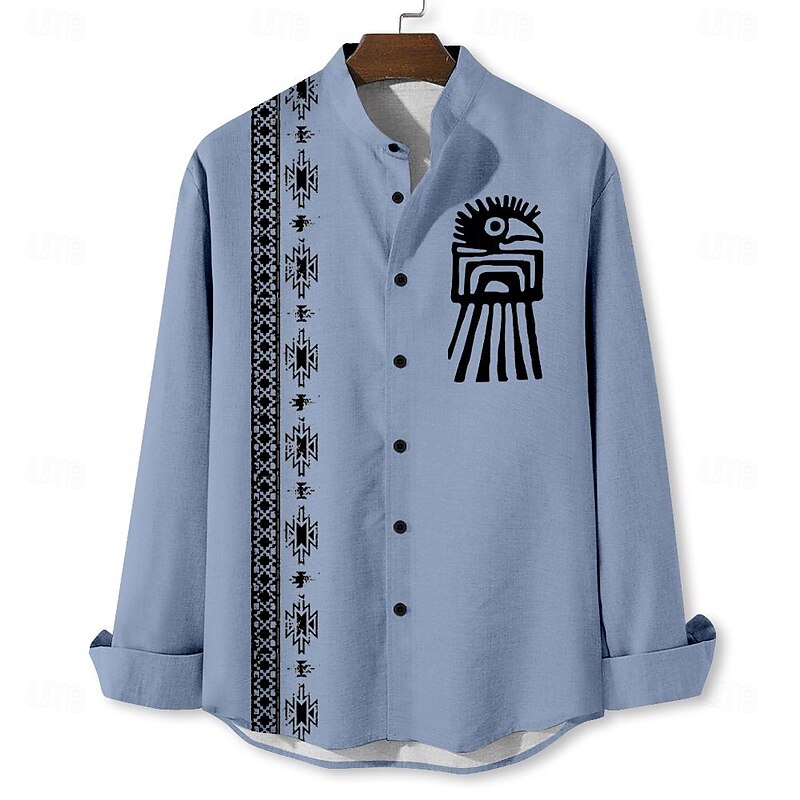 Men's Ethnic Shirt Button Up Shirt Long Sleeve Vintage Casual Tribal Vacation Daily Summer Spring &  Fall Standing Collar Button Up 3D Print Blue Green Khaki Gray2